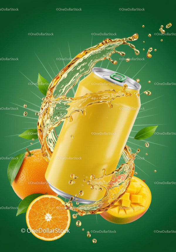 Refreshing citrus mango drink can with splashing juice JPG Mockup Image