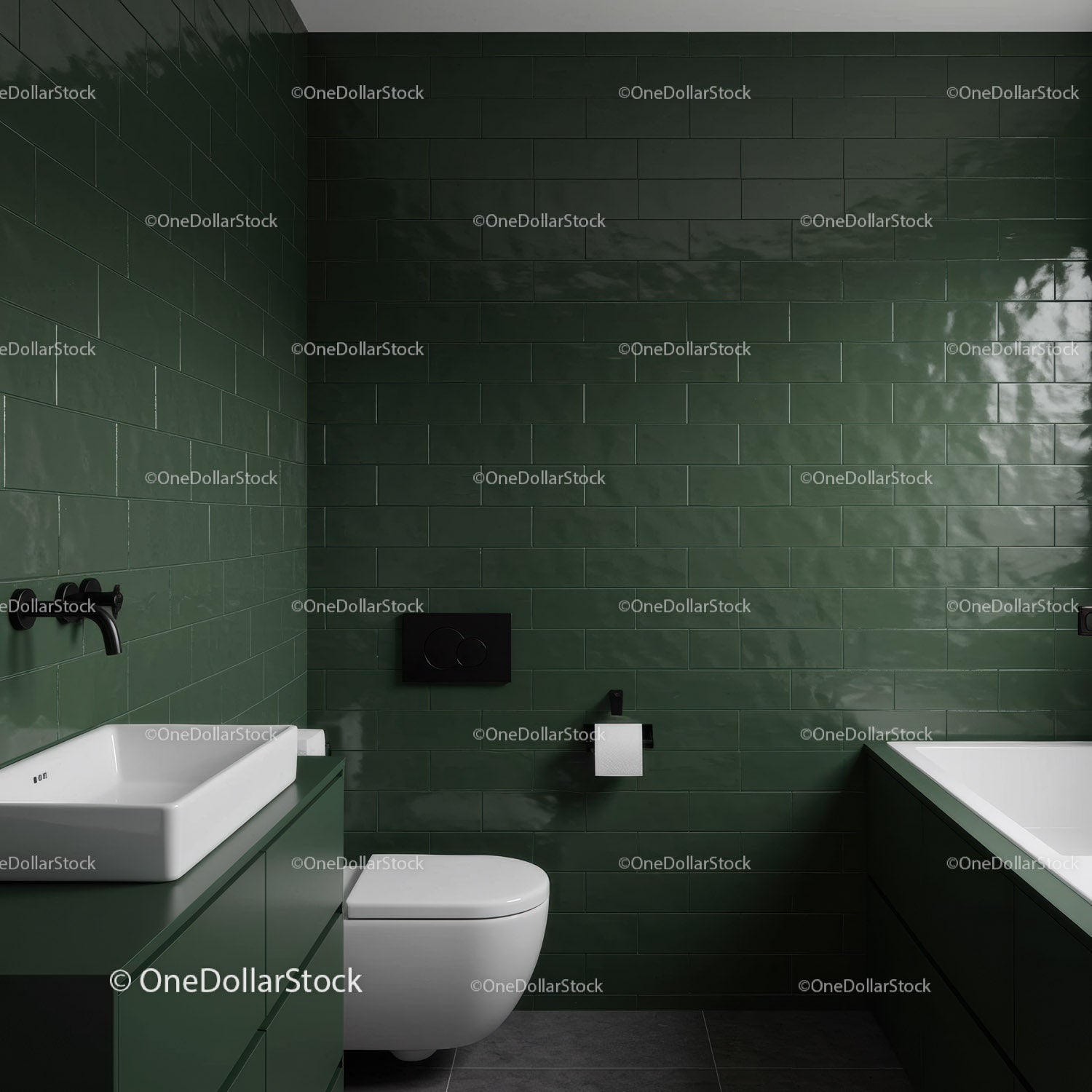 Modern Bathroom with Green Tiled Walls and White Fixtures