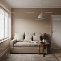 Cozy Beige Sofa with Throw Pillows and Wooden Coffee Table in Modern Living Room