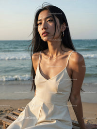 Elegant Woman in White Dress Sitting by Relaxing Seaside Landscape