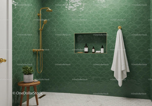 Modern Bathroom with Green Tiles and Gold Fixtures