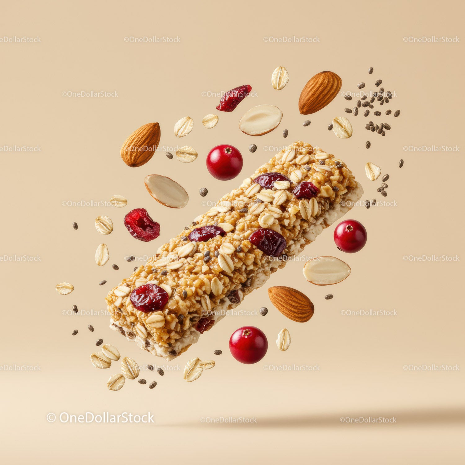 Healthy granola bar with nuts and berries flying