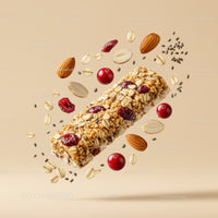 Healthy granola bar with nuts and berries flying