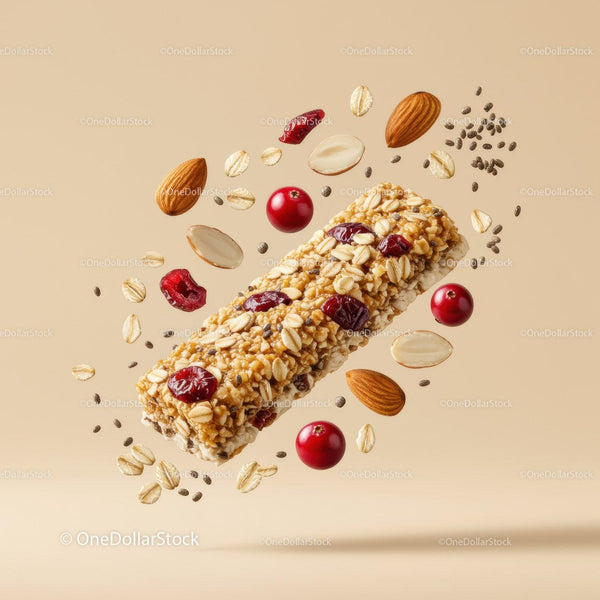 Healthy granola bar with nuts and berries flying