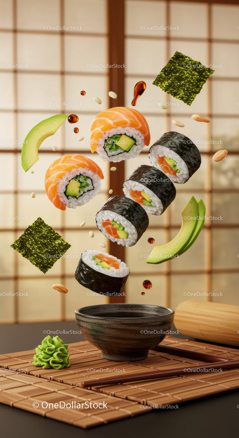 Sushi ze świeżym łososiem i awokado z sosem do maczania