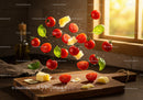 Fresh cherry tomatoes basil and parmesan flying over board
