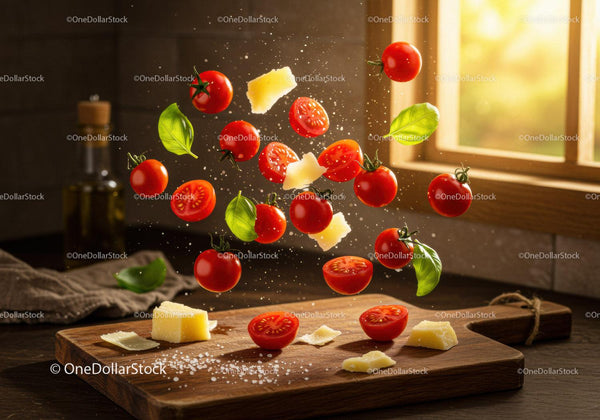 Fresh cherry tomatoes basil and parmesan flying over board