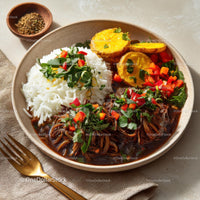 Savory Asian Dish with Rice, Vegetables, and Grilled Plantains