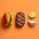 Gourmet Burger with Lettuce and Tomato Next to Grilled Steak and Dumpling