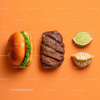Gourmet Burger with Lettuce and Tomato Next to Grilled Steak and Dumpling