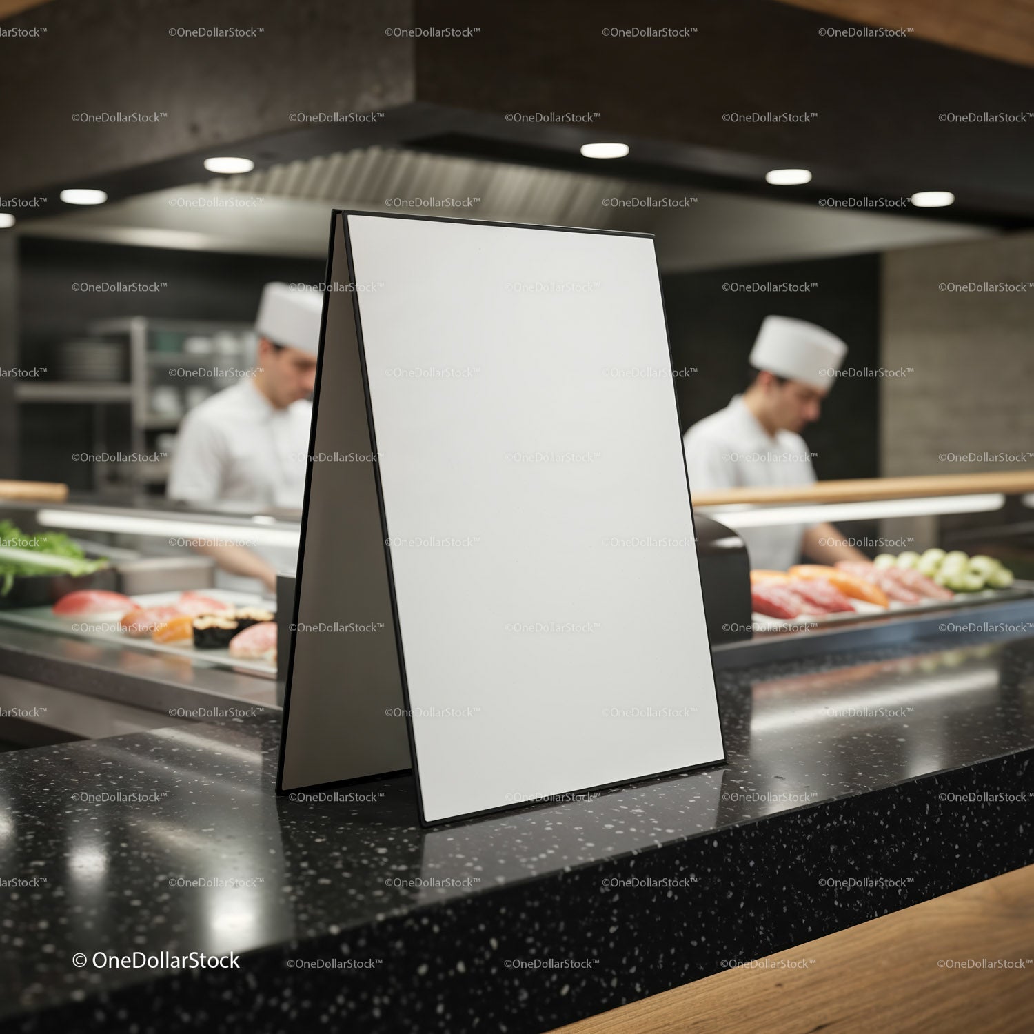 Blank Menu Board on Sushi Bar Counter with Chefs Behind