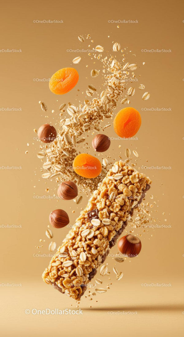 Granola bar with dried apricots and nuts in motion