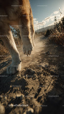 Furry Dog Paws Walking on Dusty Rural Trail in Sunset Light