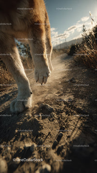 Furry Dog Paws Walking on Dusty Rural Trail in Sunset Light