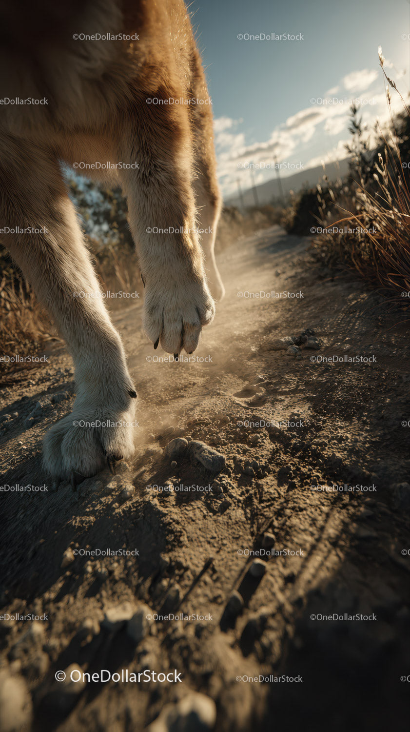 Furry Dog Paws Walking on Dusty Rural Trail in Sunset Light