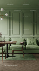 Stylish Green Paneled Wall Interior with Green Sofa and Wooden Furniture