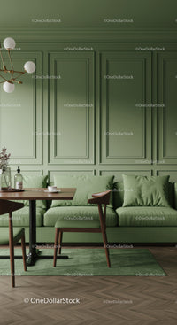 Stylish Green Paneled Wall Interior with Green Sofa and Wooden Furniture