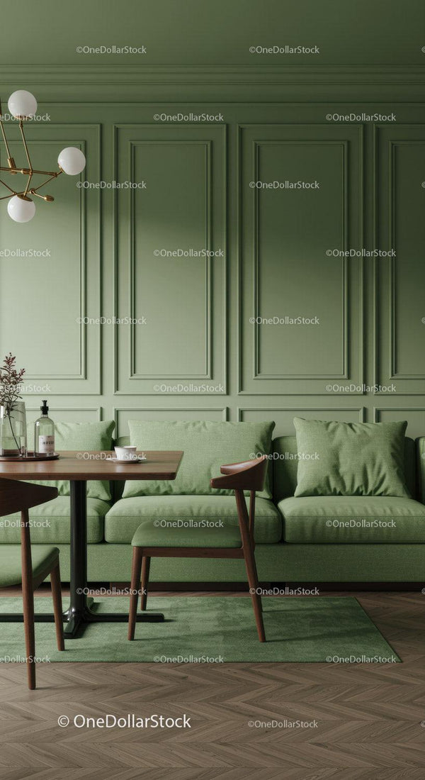 Stylish Green Paneled Wall Interior with Green Sofa and Wooden Furniture