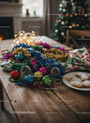 Christmas decorations and cookies on rustic wooden table