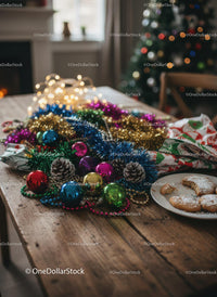 Christmas decorations and cookies on rustic wooden table