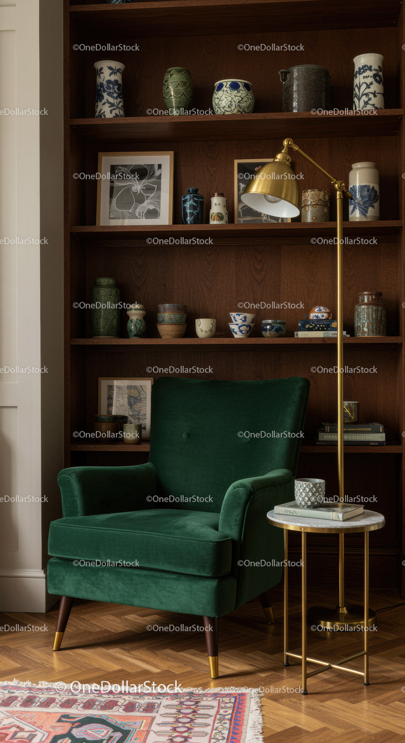 Cozy green armchair with decorative shelf and lighting
