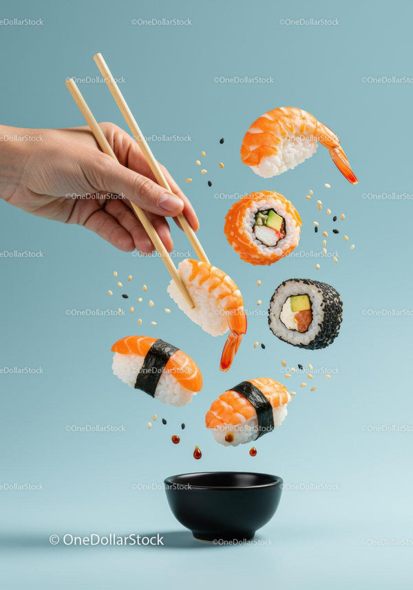 Hand holding sushi over bowl with falling rice and soy sauce