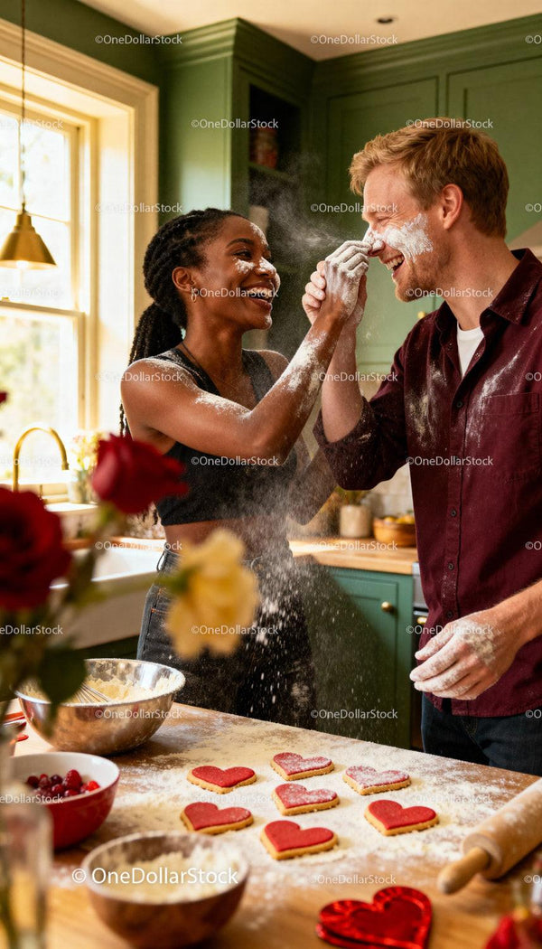 Couple Playfully Baking Heart-Shaped Cookies Together