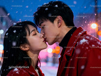 Couple sharing a tender kiss on a snowy winter evening