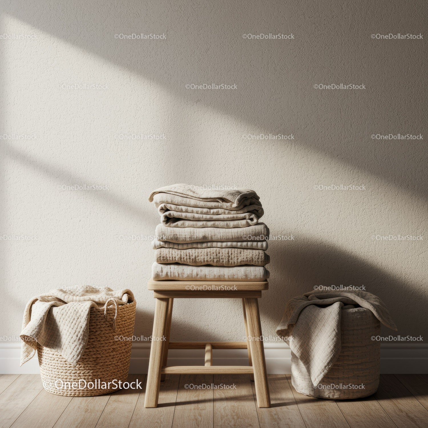 Neutral Toned Towels Stacked on Wooden Stool at Home