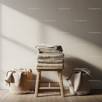 Neutral Toned Towels Stacked on Wooden Stool at Home