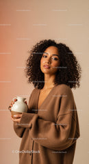 Elegant Woman with Curly Hair Holding Mug Against Warm Background