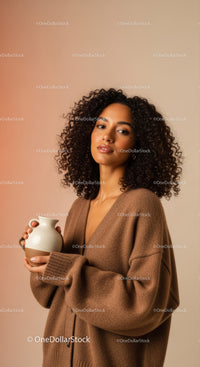 Elegant Woman with Curly Hair Holding Mug Against Warm Background