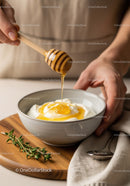 Honey Dripping into Yogurt Bowl with Fresh Herbs on Wooden Board