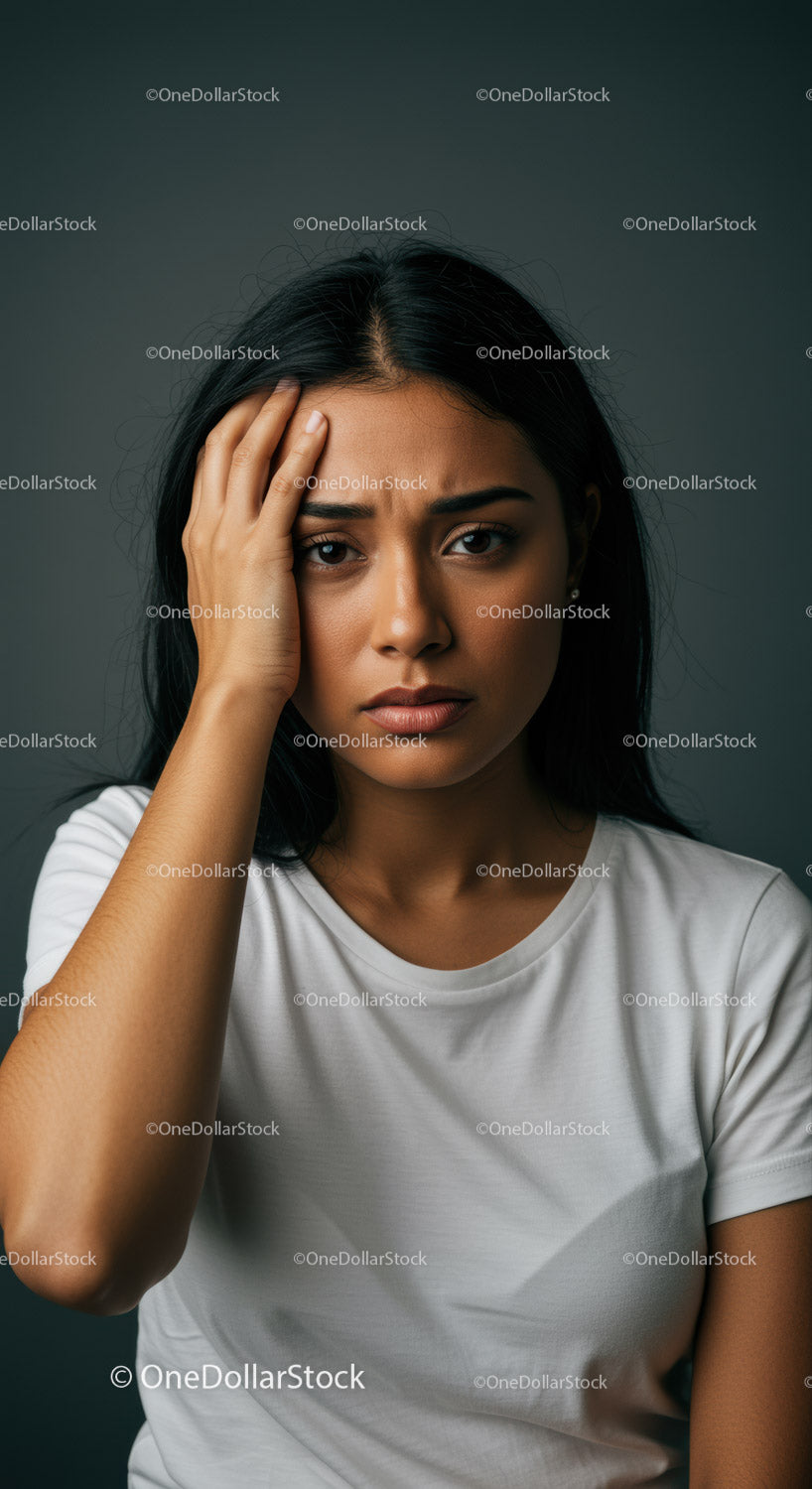 Portrait of a Thoughtful Woman with Hand on Face in Studio