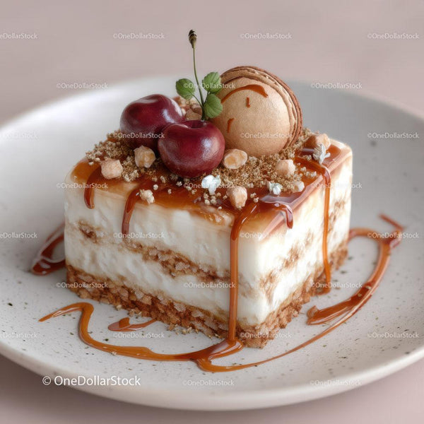 Fresh Cherry Cheesecake with Caramel Drizzle and Macarons