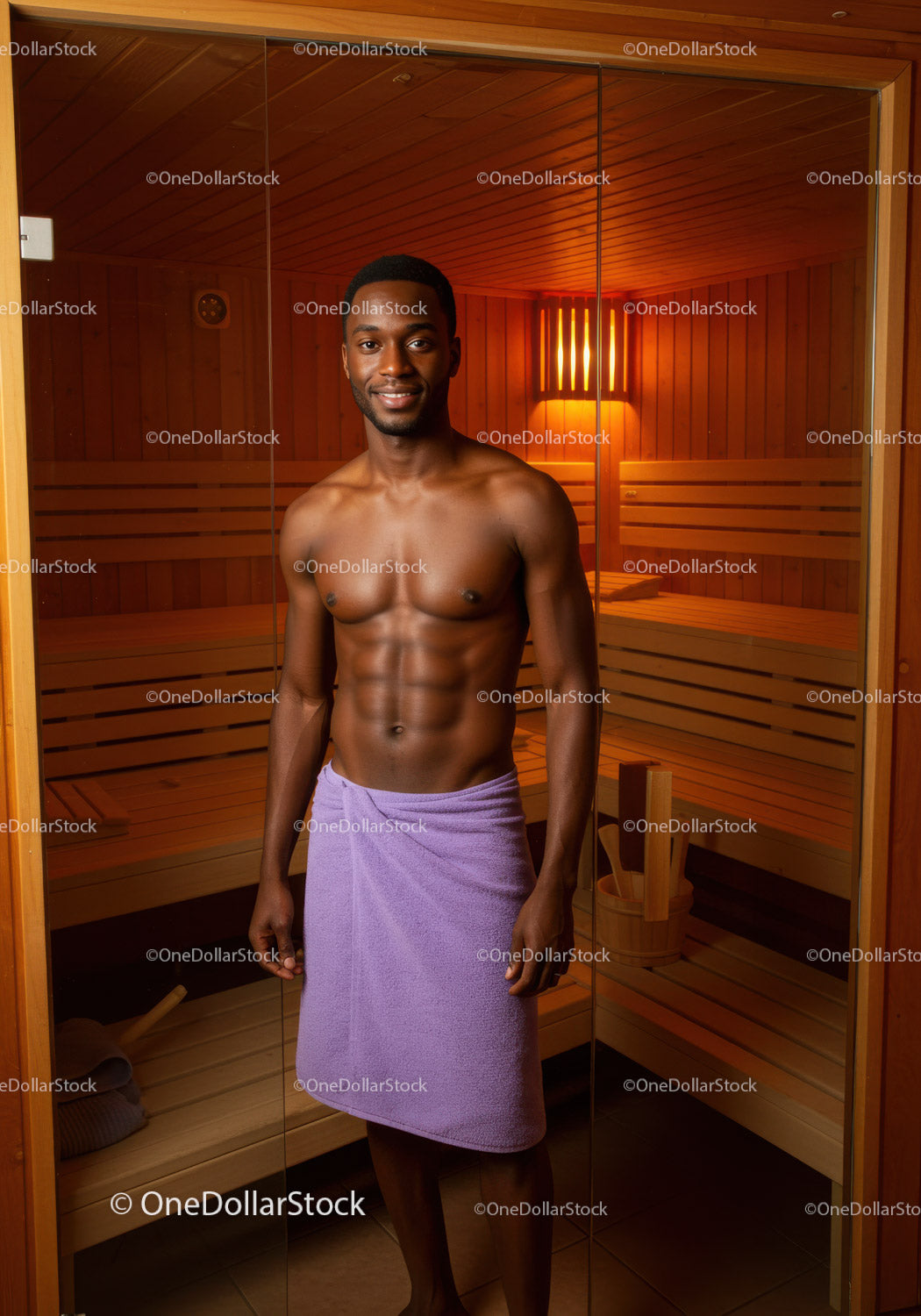 Young Man Relaxing in Sauna With Wooden Interior and Warm Lighting