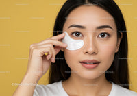 Young Woman Applying Eye Patch for Skin Care with Yellow Background