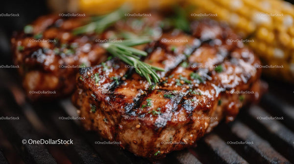 Soczysty Grillowany Stek z Ziołową Ozdobą i Charakterystycznymi Śladami Grilla