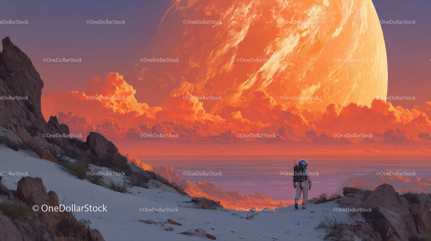 Astronaut Exploring a Surreal Alien Landscape with a Giant Orange Planet