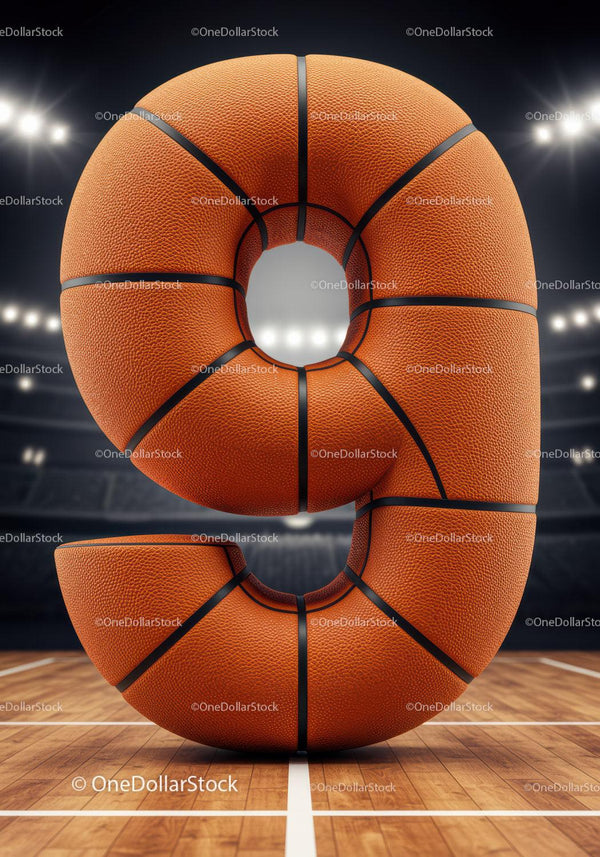 Number nine shaped like a basketball on court