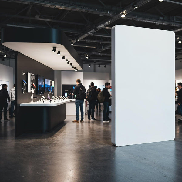 Visitors exploring technology displays in modern showroom JPG Mockup Image