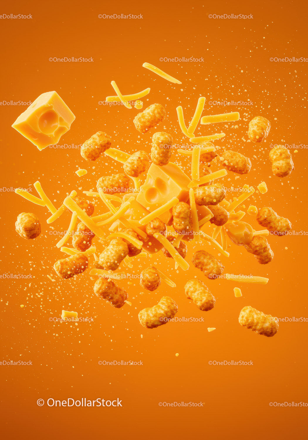 Cheese cubes and crunchy snacks flying on orange background