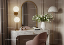 Elegant marble vanity with soft lighting and floral decor