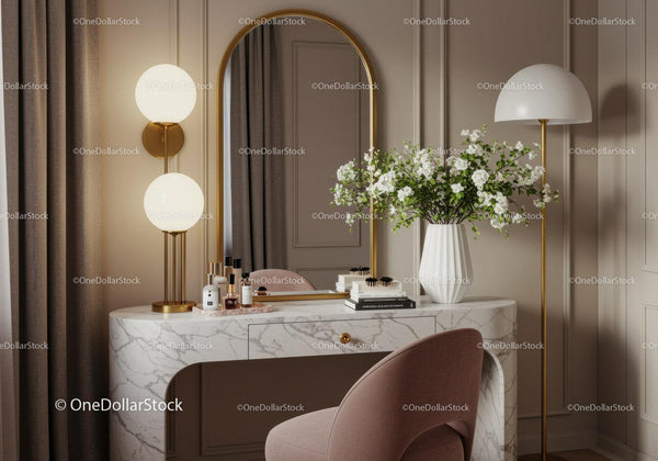 Elegant marble vanity with soft lighting and floral decor