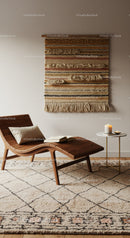 Cozy reading nook with wooden lounge chair and woven tapestry