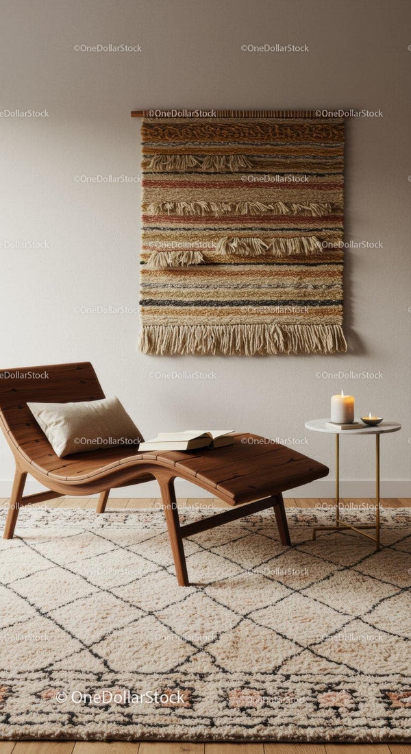 Cozy reading nook with wooden lounge chair and woven tapestry