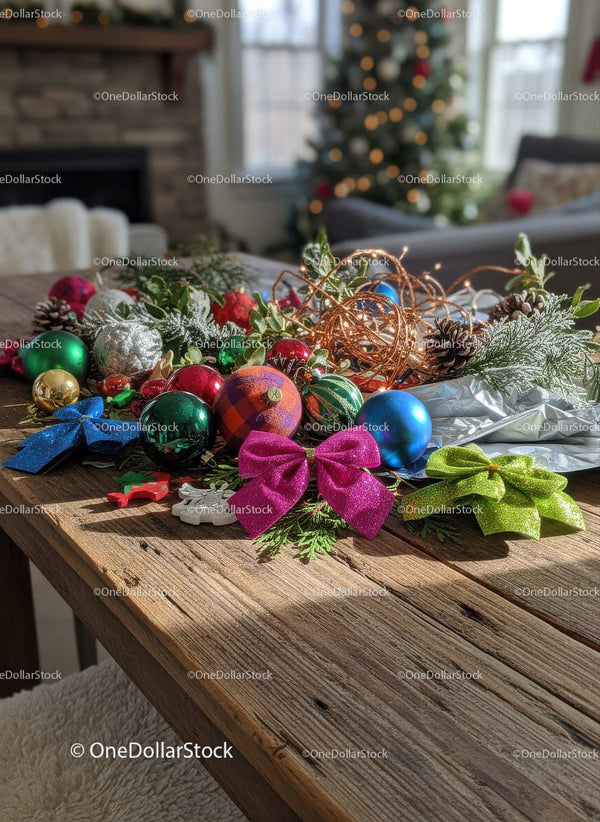 Colorful Christmas Decorations Laid Out on Rustic Table
