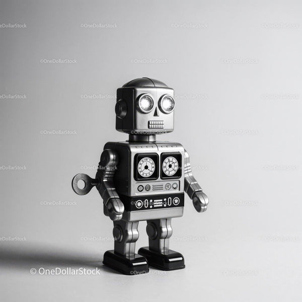 Retro czarno-srebrna metalowa zabawka robot z świecącymi oczami