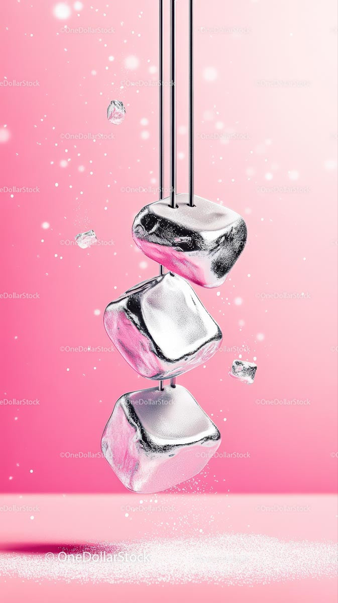 Close-up of Ice Cubes Falling Against Pink Background for Refreshing Drinks