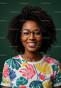 Portrait of a Smiling Black Woman with Glasses in Casual Floral T-Shirt